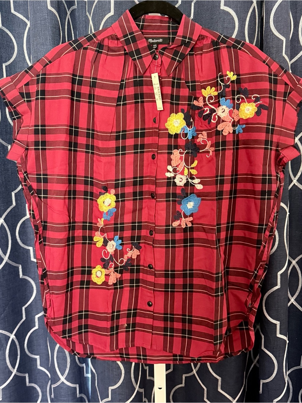 Madewell Red Plaid Embroidered Button-Up Top Size XXS NWT C3